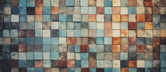 A close up of a vibrant mosaic of square tiles on a wall, showcasing an intricate pattern of colors and symmetry. The tiles are made of building material and arranged in a rectangular shape