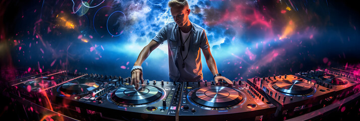 Energetic DJ in Action Capturing Dynamic Rhythm and Booming Sound of Club Music Scene