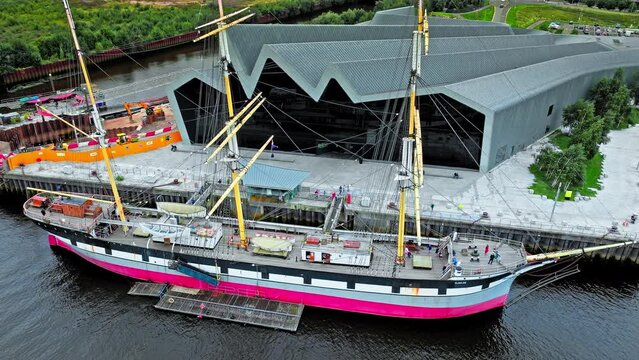 Aerial view of The Tall Ship Glenlee, Maritime Museum steel square-rigged cargo vessel in Glasgow, Scotland. Restored Victorian sailing ship to explore with maritime exhibitions, tours and cinema.
