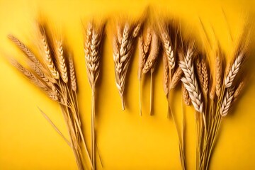 Dried wheat stalks bouquet on yellow background with space for text