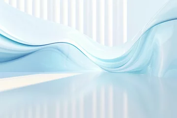 Poster 背景テンプレート。白い抽象的な部屋に透明感のある水色の波がある空間 © Queso