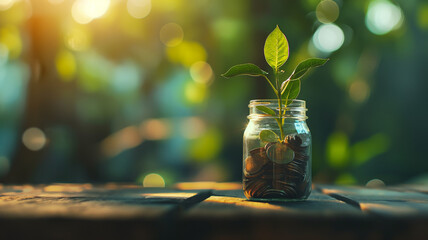 AI generative. Realistic Plant Growing In jar Savings Coins on wooden table