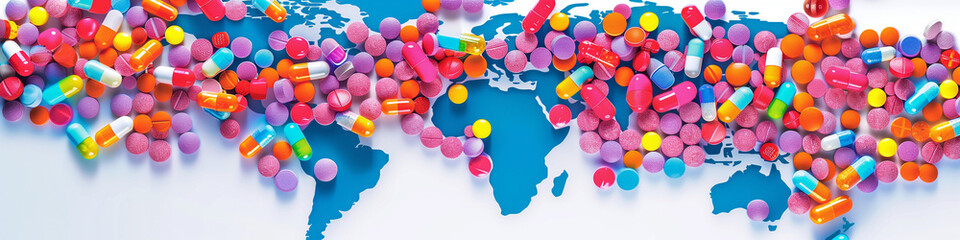 Multicolored pills scattered over a world map for Global Health Day. Banner. Background.