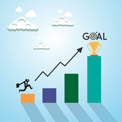 Goal concept background businessman Flat design vector illustration concept of team work. Businessmen go on growing arrow with money.