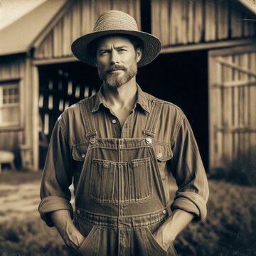 Rustic Charm: Sepia-Toned Portrait of a Confident Farmer with a Straw Hat