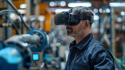 A man wearing a virtual reality headset while inside a factory, likely engaged in training or simulation activities, future technology concept for business and production. Copy space.