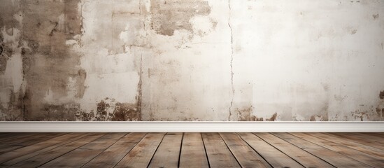 An empty room with hardwood flooring made of wooden planks, a concrete wall, and views of the...