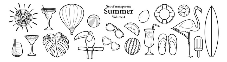 A series of summer elements in hand drawn style. Set of isolated beach stuff in black outline on transparent background. Drawing of object and elements for coloring book or cover design. Volume 4.
