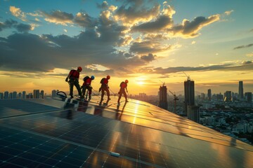 Group of solar panel technicians installing renewable energy systems on rooftops, harnessing the power of the sun to generate electricity against a backdrop of urban sprawl, Generative AI - obrazy, fototapety, plakaty