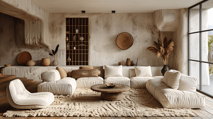 Fototapeta na wymiar Neutral Toned Living Room Interior with Natural Textures