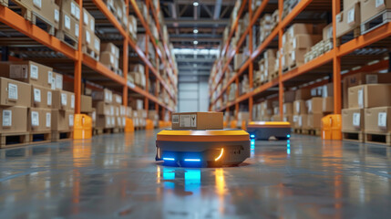 A robotic vehicle moves along a warehouse aisle carrying a package, streamlining logistics, future technology concept for business. Copy space.