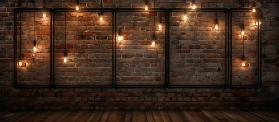 A room with brickwork walls, hardwood flooring, and a string of lights hanging from the ceiling creates a cozy and rustic atmosphere
