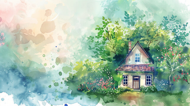 A watercolor painting depicting a quaint cottage nestled among lush trees. Copy space.