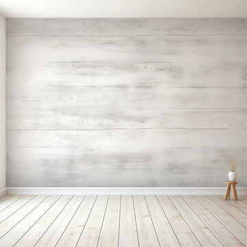 A photo of an empty room with light grey wood wall, white wooden floor and white walls