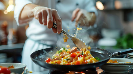 close up of chef making delicious food in the restaurant kitchen, chef cooking in the kitchen, delicios foods in kitchen