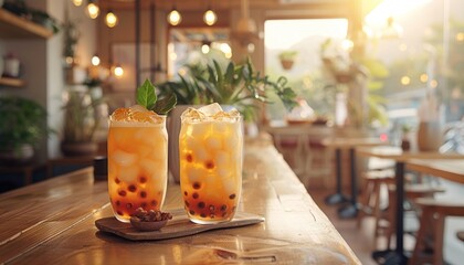 Bubble iced tea on wooden table in cafe