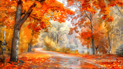 Naklejka na ściany i meble beautiful autumn colors painted on a canvas in oil painting style, no humans Ai generative 