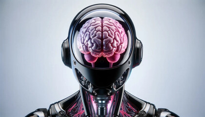 A futuristic robot with a sleek black metallic body and a transparent head, revealing a vibrant pink human brain wallpaper background