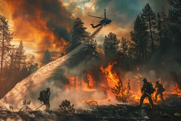 Team of firefighters battling a raging wildfire in a remote forest, with helicopters dropping water and smoke billowing against the backdrop of towering flames, Generative AI