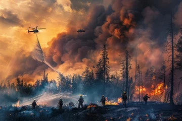 Keuken foto achterwand Team of firefighters battling a raging wildfire in a remote forest, with helicopters dropping water and smoke billowing against the backdrop of towering flames, Generative AI © Shooting Star Std
