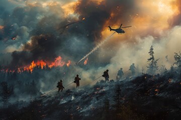 Team of firefighters battling a raging wildfire in a remote forest, with helicopters dropping water and smoke billowing against the backdrop of towering flames, Generative AI