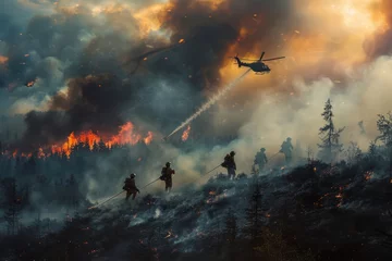 Muurstickers Team of firefighters battling a raging wildfire in a remote forest, with helicopters dropping water and smoke billowing against the backdrop of towering flames, Generative AI © Shooting Star Std
