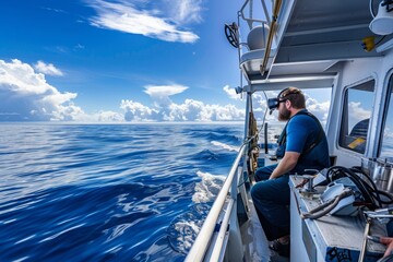 Team of marine biologists conducting research aboard a research vessel in the open ocean, studying marine life and ocean currents under a vast blue sky, Generative AI