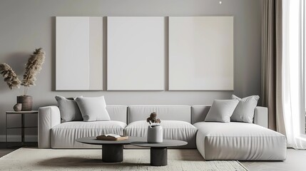 Interior of modern living room with white sofa, coffee table and two vertical posters on wall, Generative AI illustrations.