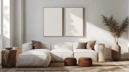 Interior of modern living room with white walls, tiled floor, comfortable white sofa standing near round coffee table and two vertical mock up posters, Generative AI illustrations.