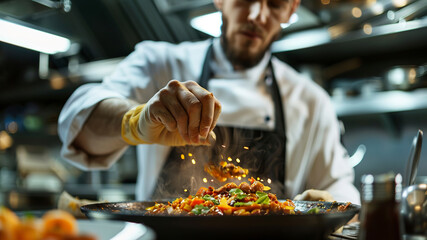 close up of chef making delicious food in the restaurant kitchen, chef cooking in the kitchen, delicios foods in kitchen