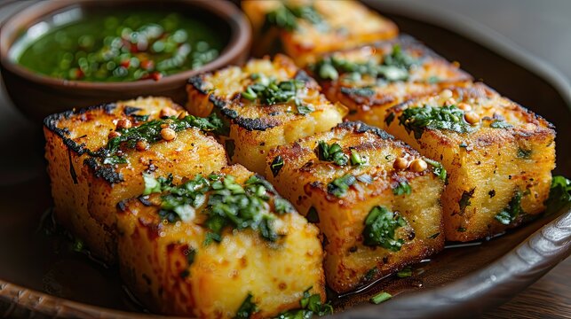 Dhokla: A steamed savory cake made from fermented rice and chickpea flour, usually served with green chutney 