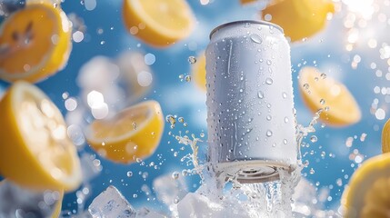A soda drink with ice cubes and lemon slices on blue background