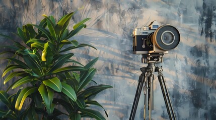 Vintage camera on tripod with green plant on gray wall background Generative AI illustrations