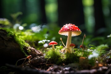 Enigmatic fly agaric mushroom with red cap in deep forest glade under bright sun rays - obrazy, fototapety, plakaty