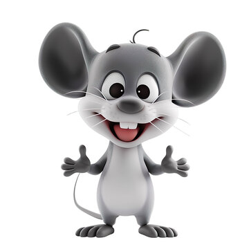 angled view of a 3d cartoon illustration of cute Mouse smiling excitedly isolated on a white background 