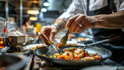 close up of chef making delicious food in the restaurant kitchen, chef cooking in the kitchen, delicios foods in kitchen