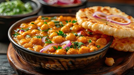 Indian Chole Bhature: Spicy chickpea curry served with deep-fried bread called bhature 