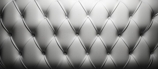 A closeup of a white tufted leather couch with a grey wire fencing pattern, creating a symmetrical design. Monochrome photography highlights the intricate details