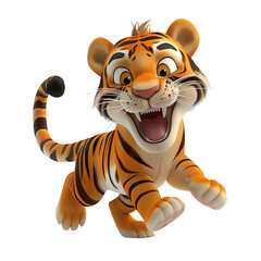 angled view of a 3d cartoon illustration of cute Tiger smiling excitedly isolated on a white background 