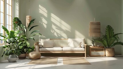 The living room has a minimalist and natural theme. The room has white couches, beige-green walls, and decorations of woven bamboo and tropical plants. A room full of tranquility. AI Generated.