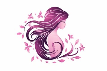 A beautiful girl with flowers in her long hair, a simple flat illustration in pink tones on a white isolated background. Design concept for beauty salons, cosmetics, hairdressing, fashion, logo. 