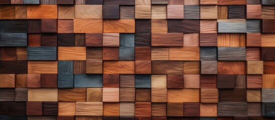 A detailed shot of a brown hardwood wall constructed with rectangular wooden squares. The wood stain enhances the natural beauty of the building material
