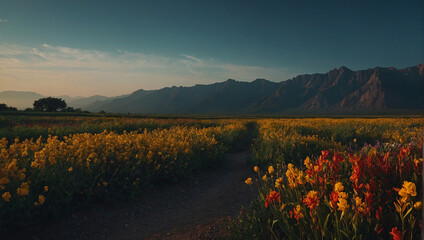 Fototapeta premium Mountains in the distance with a field of yellow and red flowers in the foreground