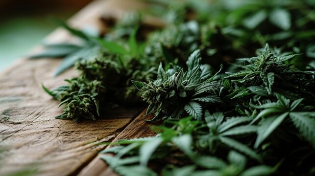 Healthy green cannabis on wooden table