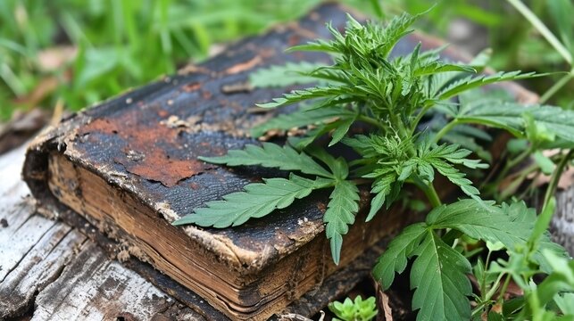 Wild agricultural hemp growing near an old book