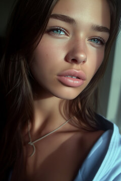 Close up of a beautiful woman with blue eyes in blue shirt