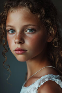 Portrait of young girl with blue eyes and curly hair
