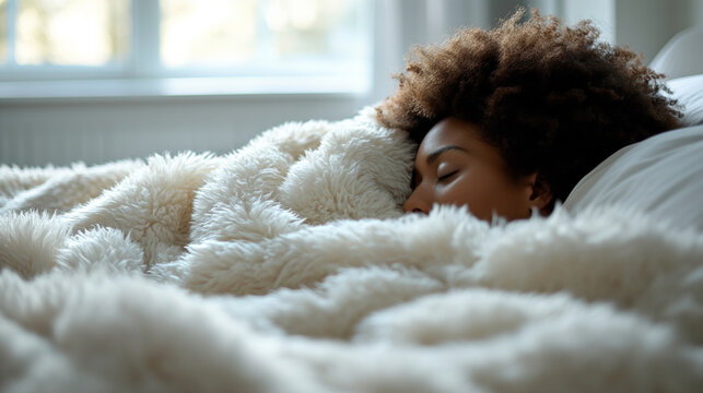 Woman african american laying in bed under a blanket