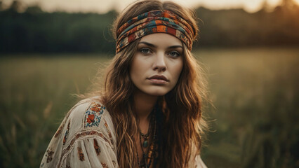 Hippie woman sitting in the field
