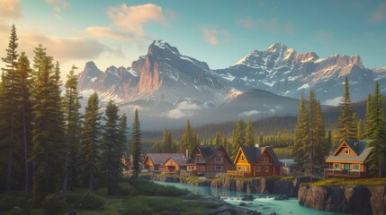 Serene river flowing gently past cozy log cabins, nestled amidst lush greenery, with majestic snow-capped mountains rising in the background, all bathed in the warm glow of the golden hour